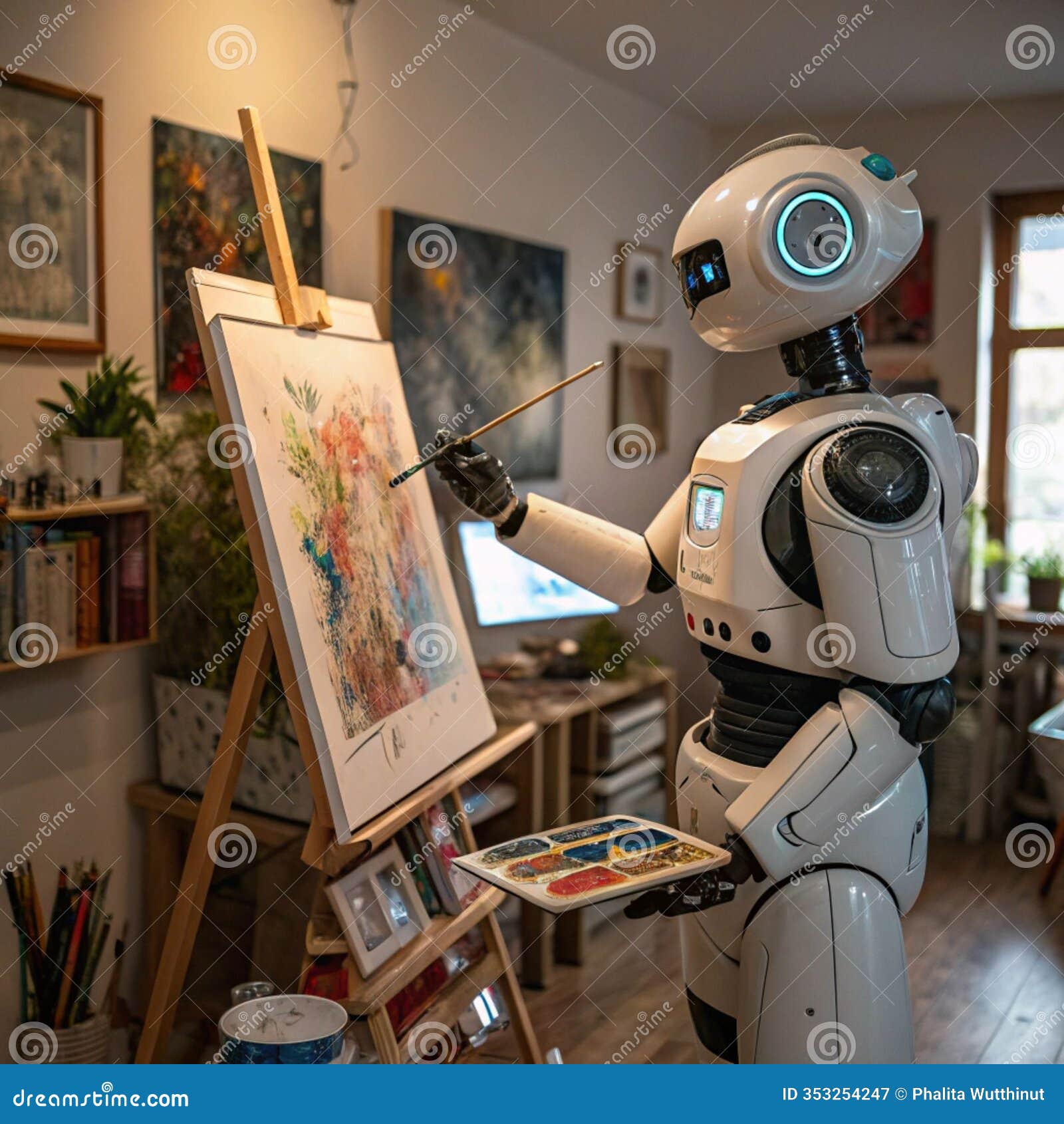 a serene art studio featuring a futuristic ai robot painting a classical masterpiece on canvas. generative ai